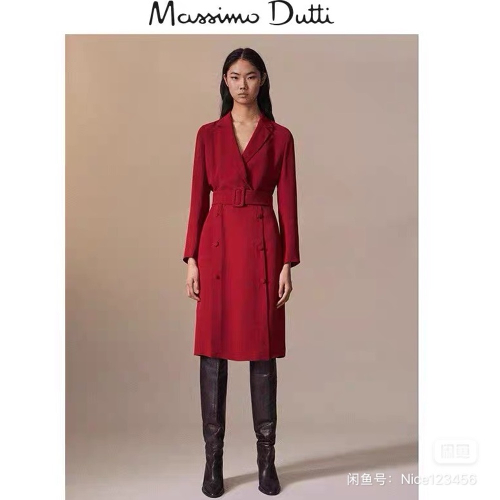 Massimo Dutti Crimson Red Belted Double-Breasted Coat
